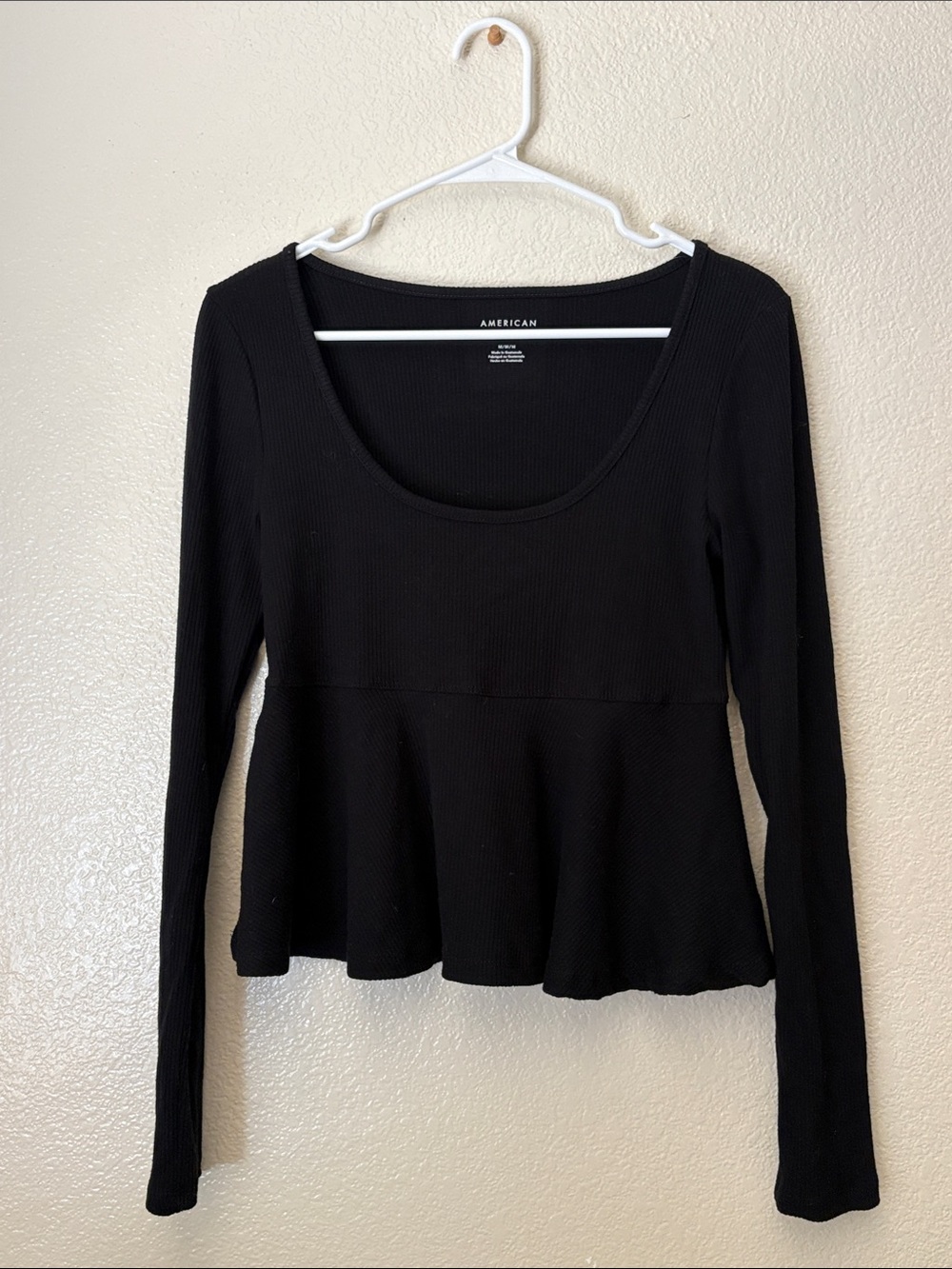 American Eagle Outfitters Black Ribbed Long-Sleeve Peplum Top